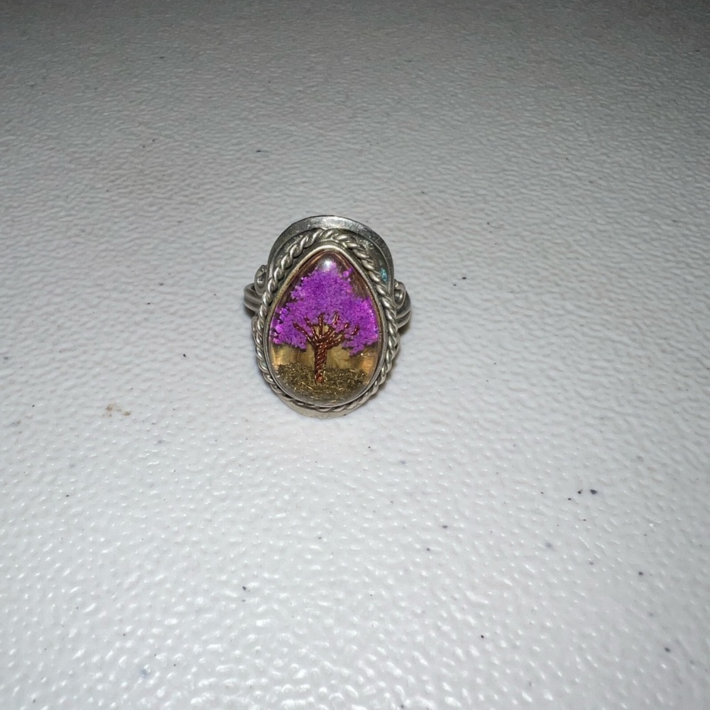 Artisan Silver Ring with Purple and Gold Tree Motif (is adjustable no size)